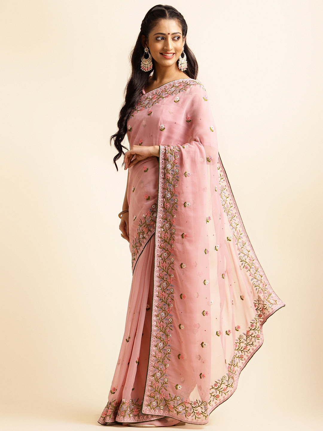 Light Pink Georgette Embroidery Work Saree