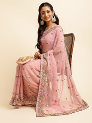 Light Pink Georgette Embroidery Work Saree