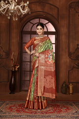 Green And Brown Silk Blend Digital Print Woven Saree