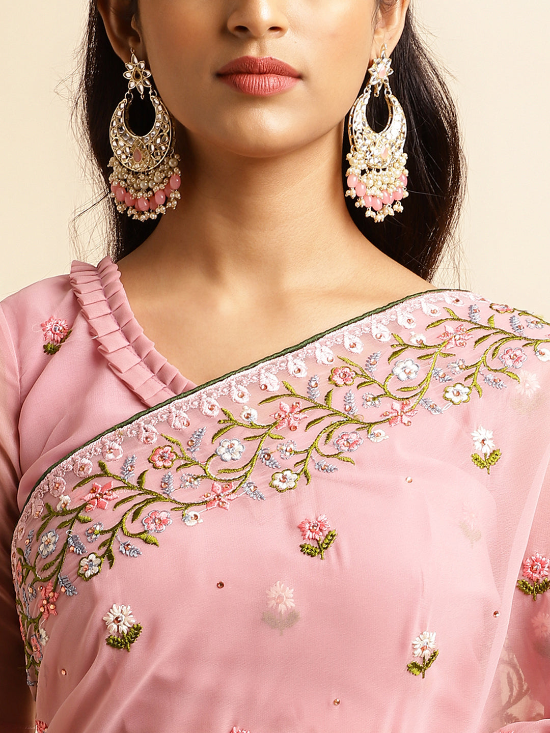 Light Pink Georgette Embroidery Work Saree