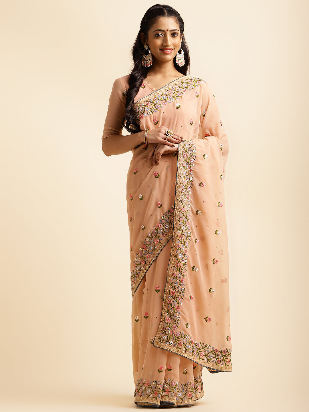 Light Orange Georgette Embroidery Work Saree