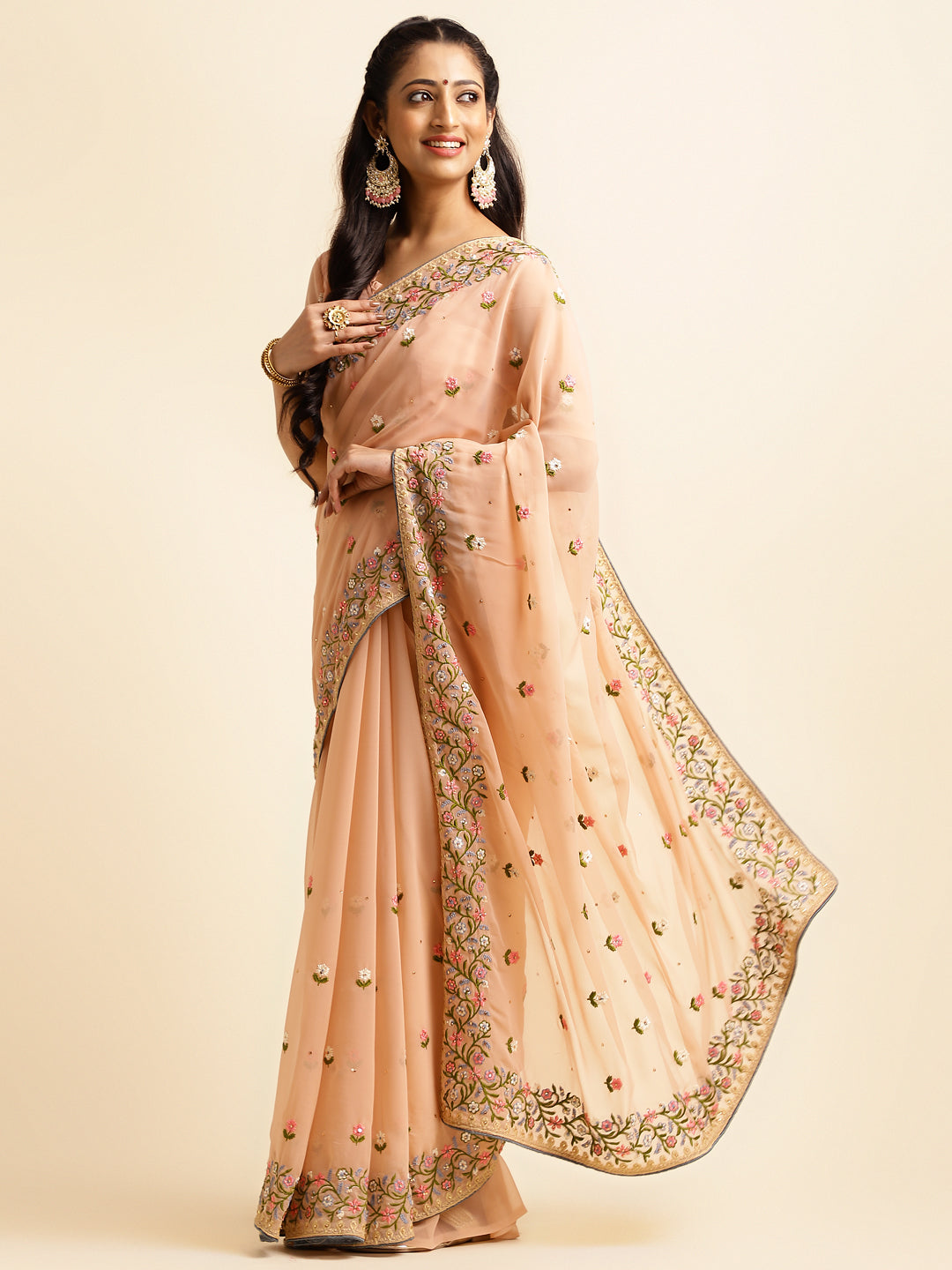 Light Orange Georgette Embroidery Work Saree