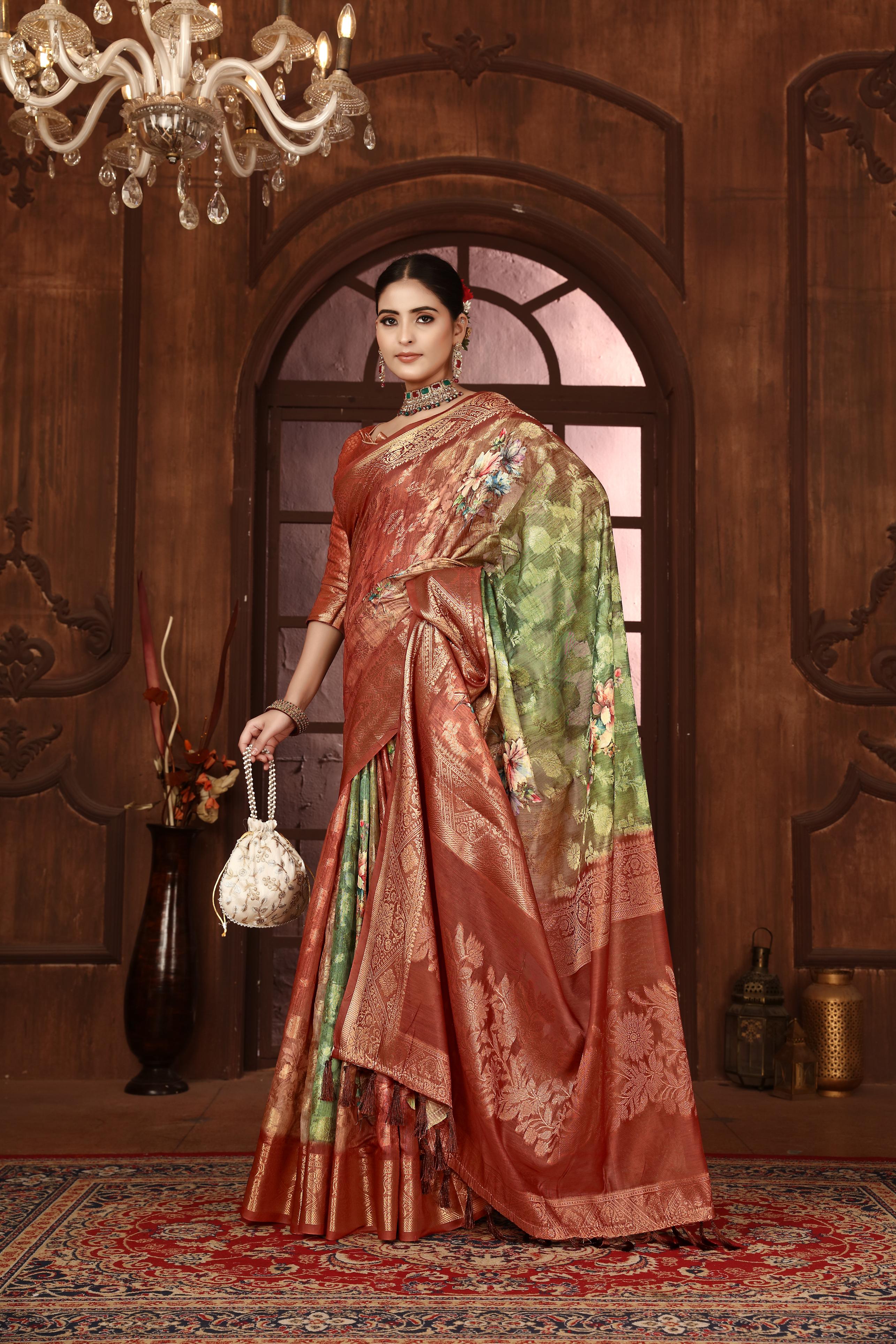 Green And Brown Silk Blend Digital Print Woven Saree