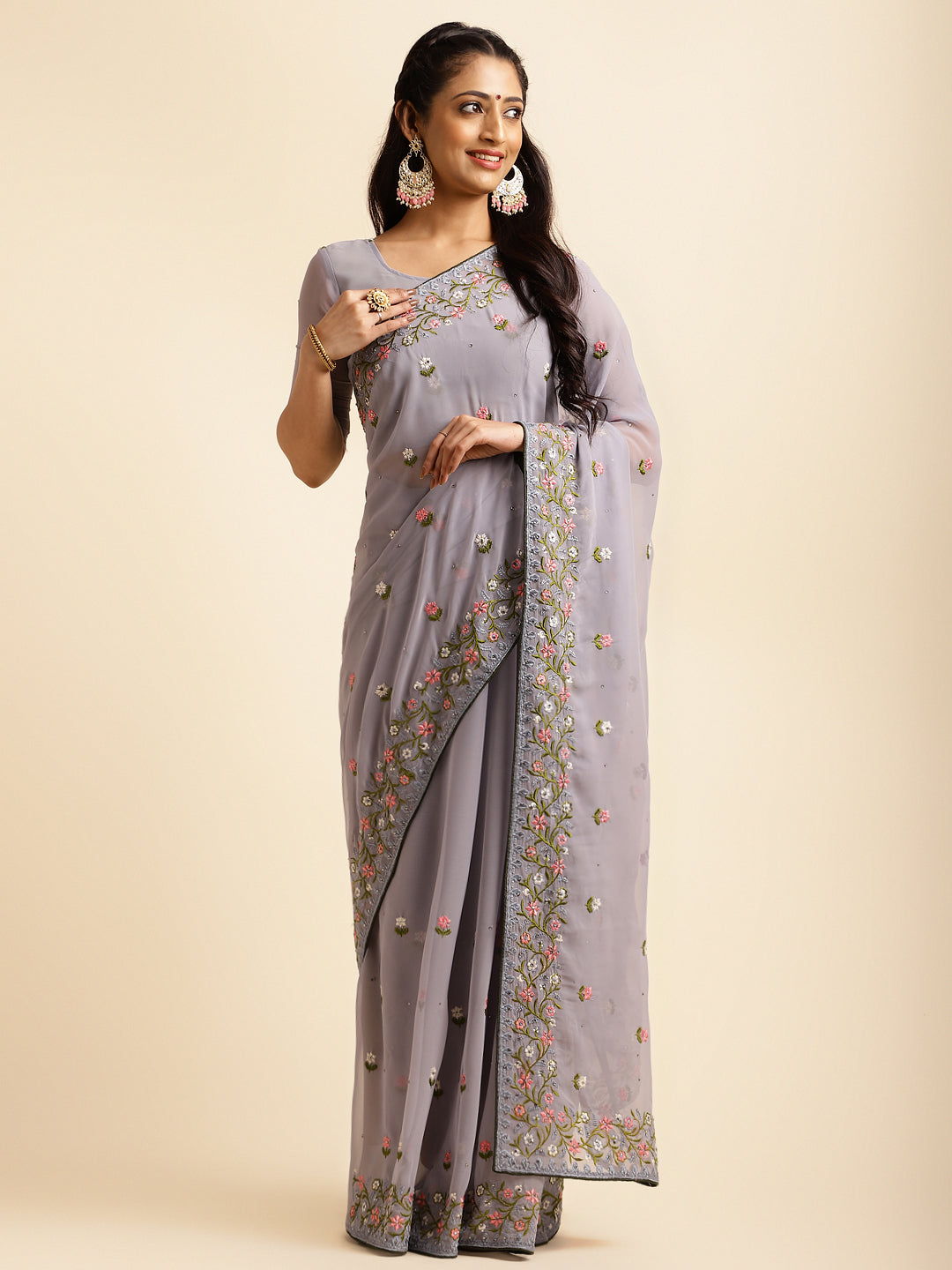 Cadet Grey Georgette Embroidery Work Saree