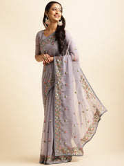 Cadet Grey Georgette Embroidery Work Saree