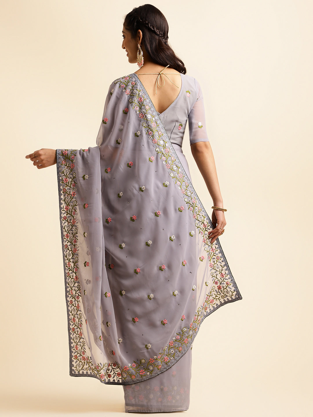 Cadet Grey Georgette Embroidery Work Saree