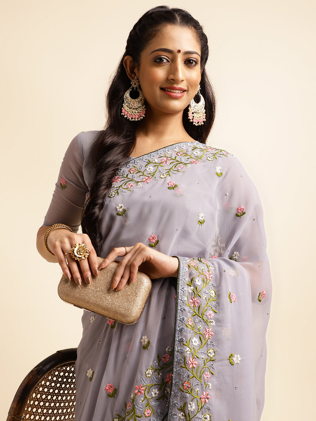 Cadet Grey Georgette Embroidery Work Saree