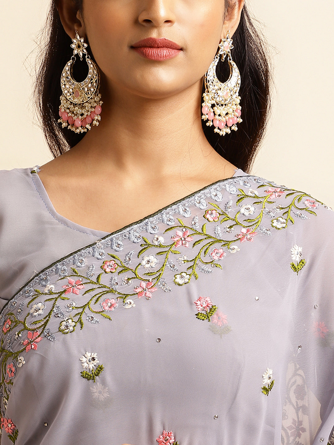 Cadet Grey Georgette Embroidery Work Saree