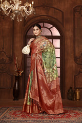 Green And Brown Silk Blend Digital Print Woven Saree