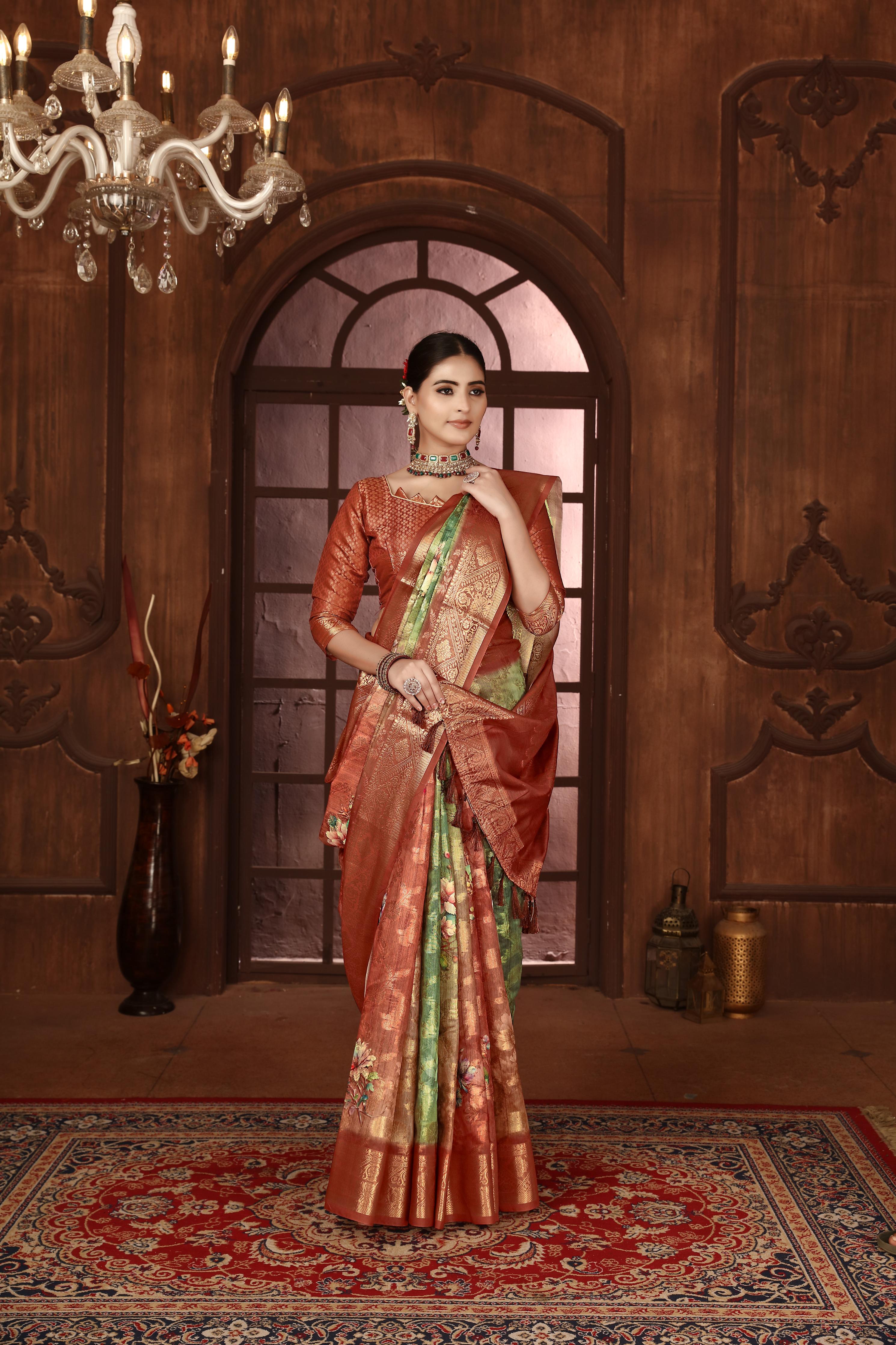 Green And Brown Silk Blend Digital Print Woven Saree