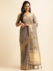 Grey Cotton Silk Floral Embroidery Saree