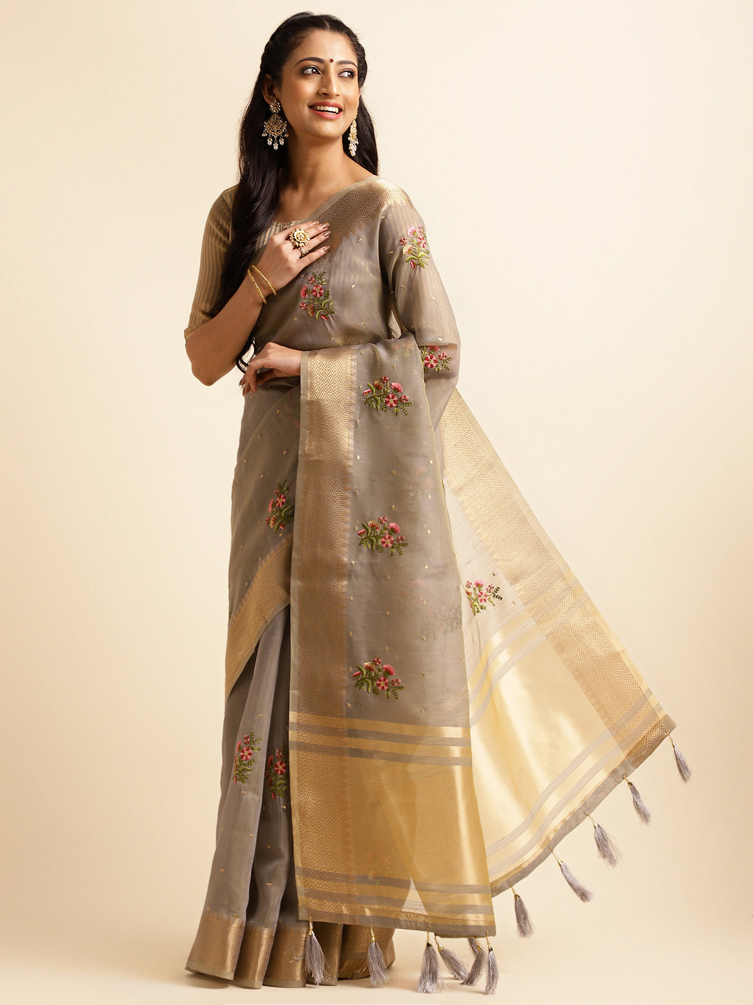 Grey Cotton Silk Floral Embroidery Saree