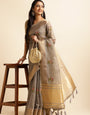 Grey Cotton Silk Floral Embroidery Saree