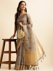 Grey Cotton Silk Floral Embroidery Saree