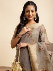 Grey Cotton Silk Floral Embroidery Saree