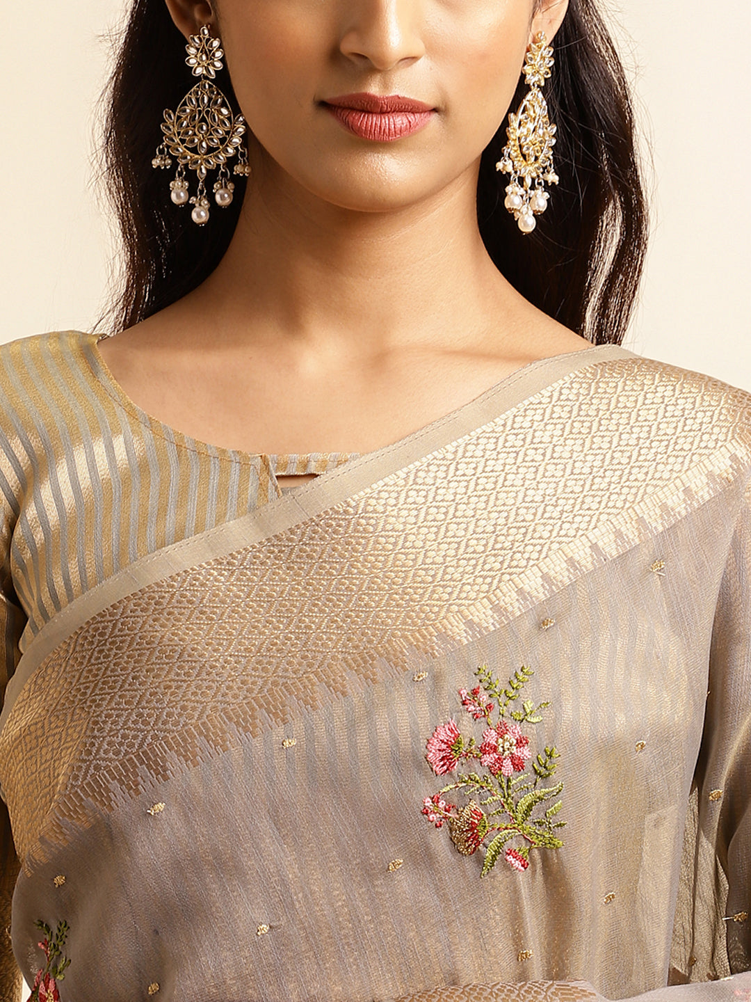 Grey Cotton Silk Floral Embroidery Saree