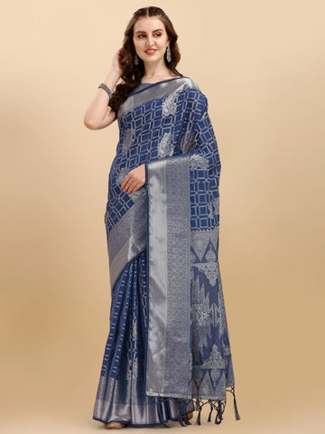 Royal Blue Geometric Banarasi Silk Saree With Weaving Work