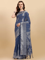Royal Blue Geometric Banarasi Silk Saree With Weaving Work