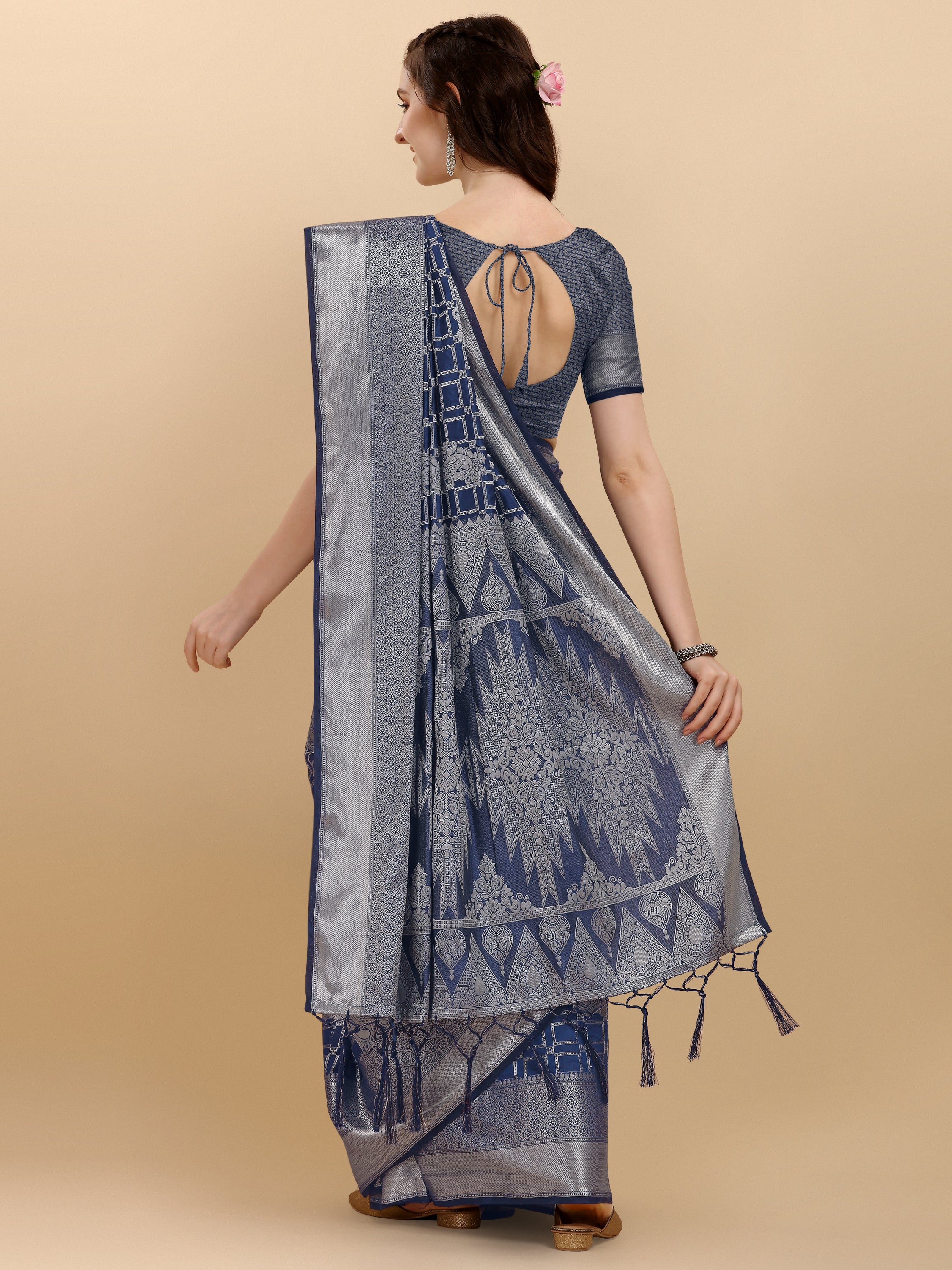 Royal Blue Geometric Banarasi Silk Saree With Weaving Work