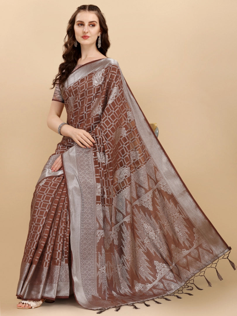 Rustic Brown Geometric Banarasi Silk Saree With Weaving Work