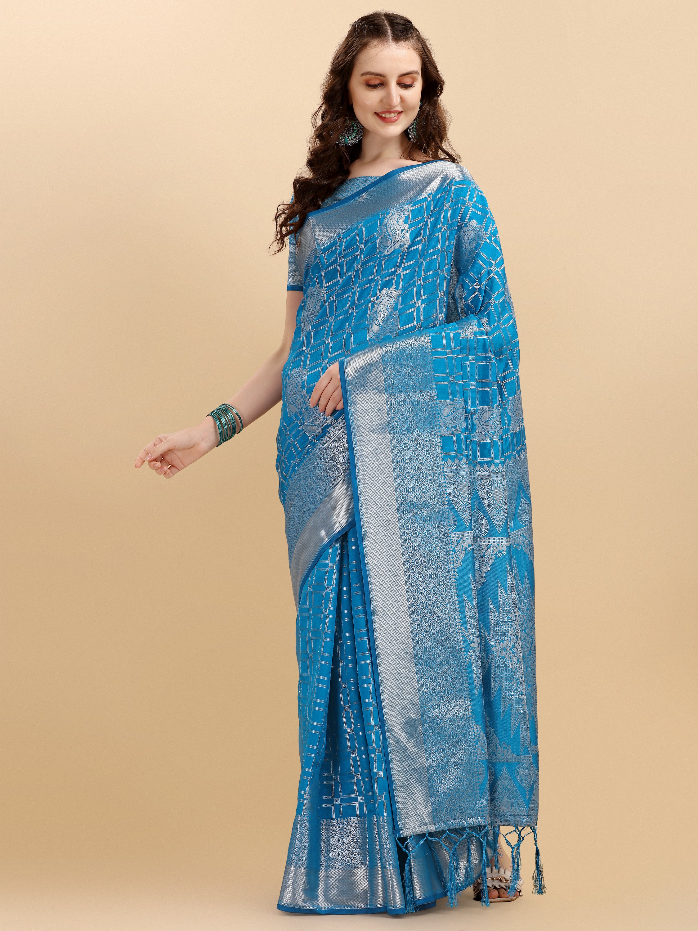 Blue Geometric Banarasi Silk Saree With Weaving Work