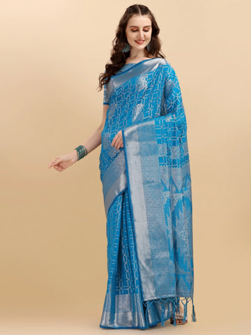 Blue Geometric Banarasi Silk Saree With Weaving Work