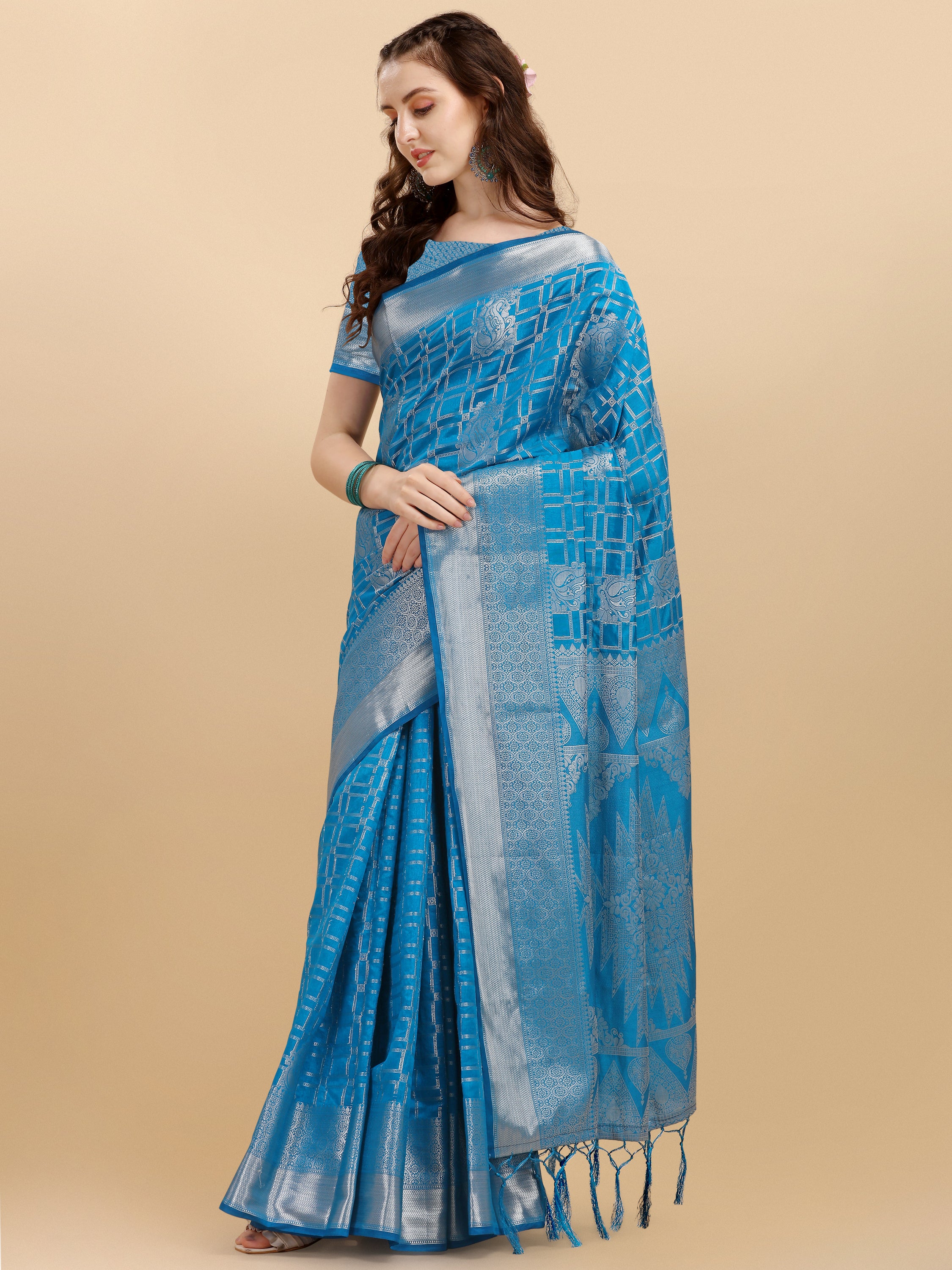 Blue Geometric Banarasi Silk Saree With Weaving Work