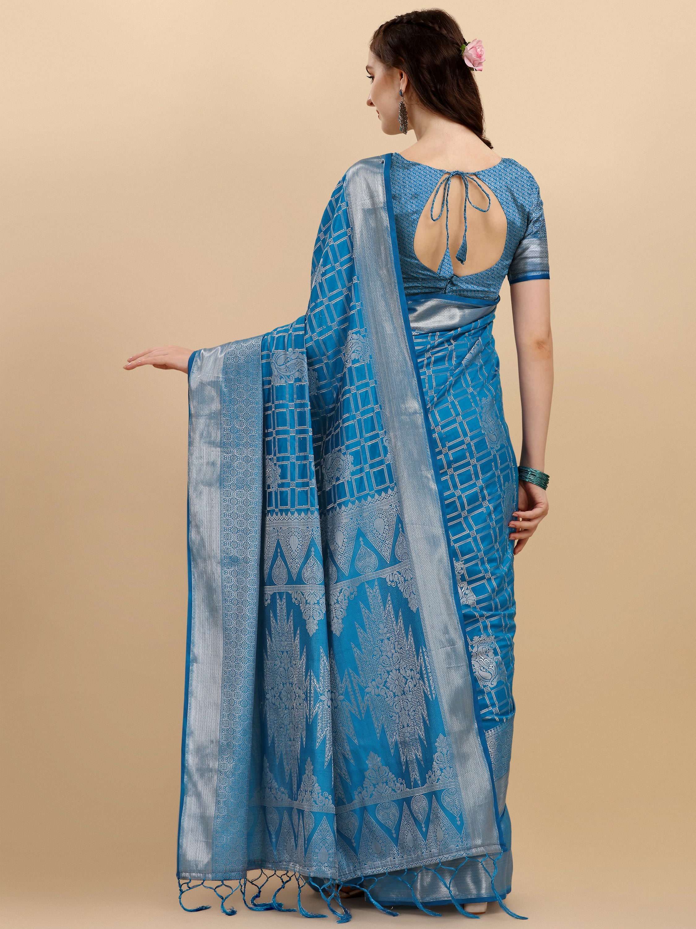 Blue Geometric Banarasi Silk Saree With Weaving Work