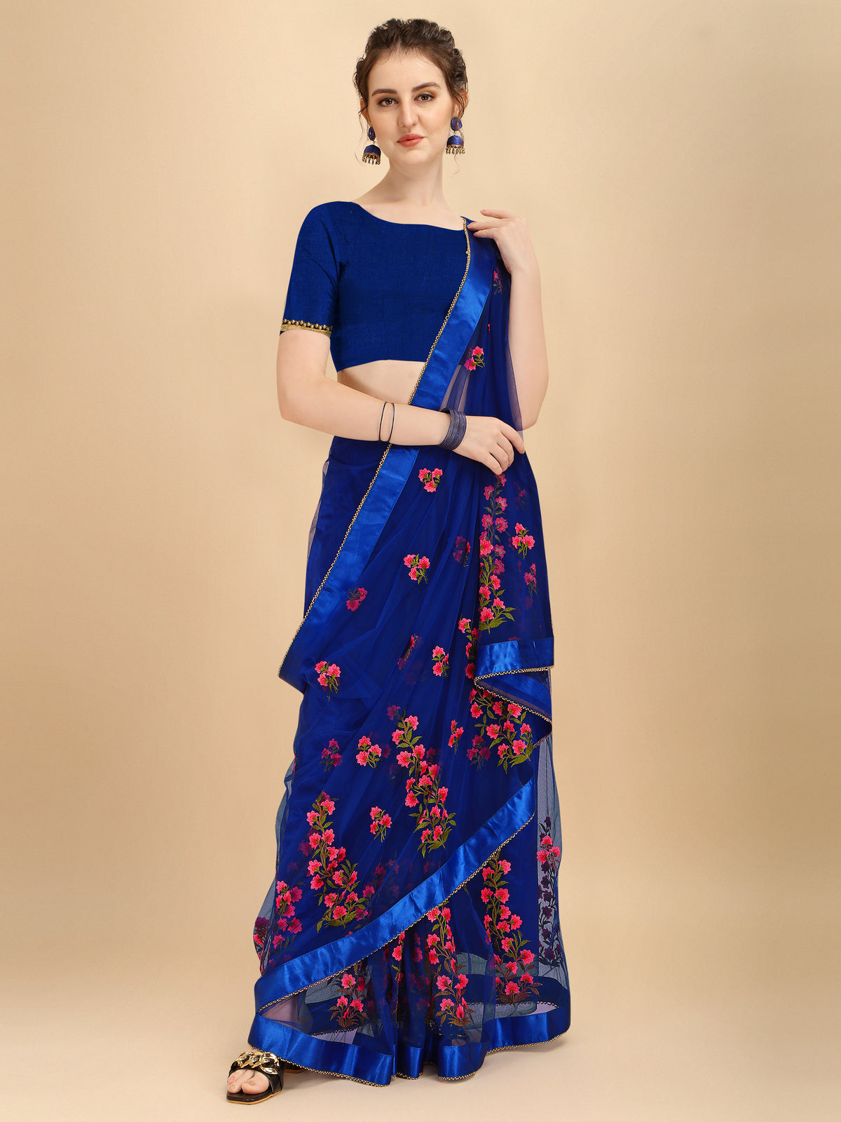 Blue Net designer embroidery saree