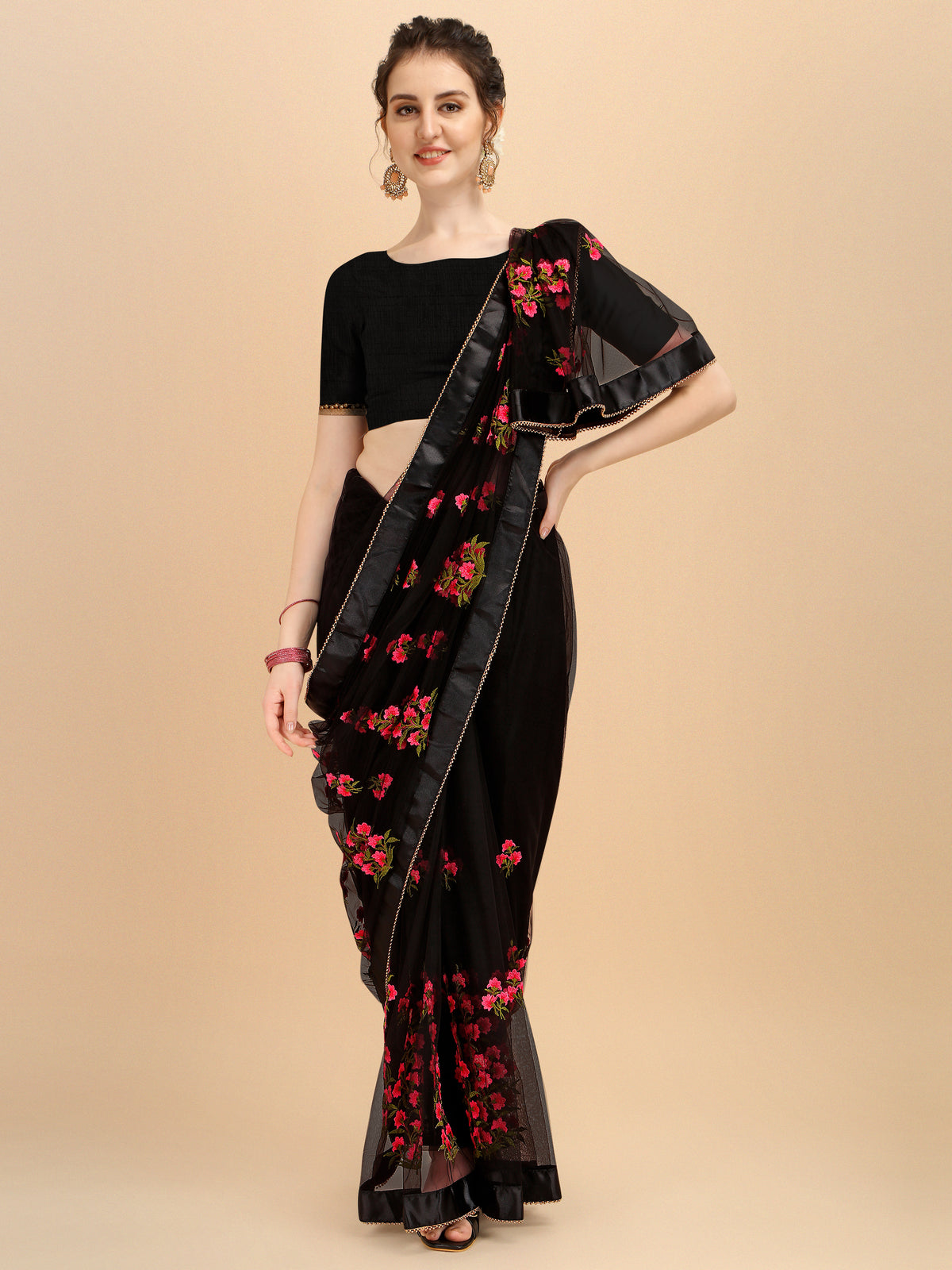 Black Net designer embroidery saree