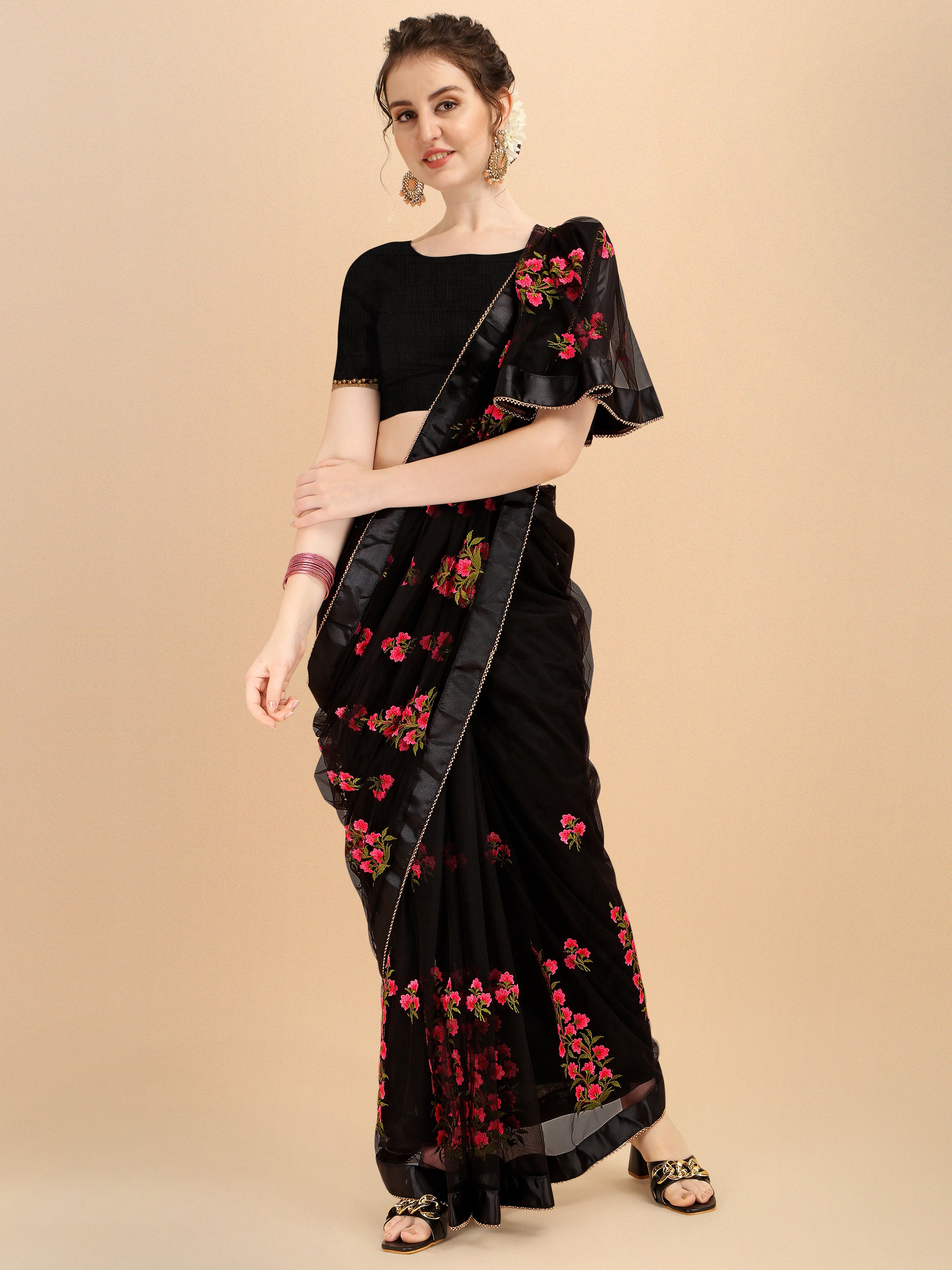 Black Net designer embroidery saree