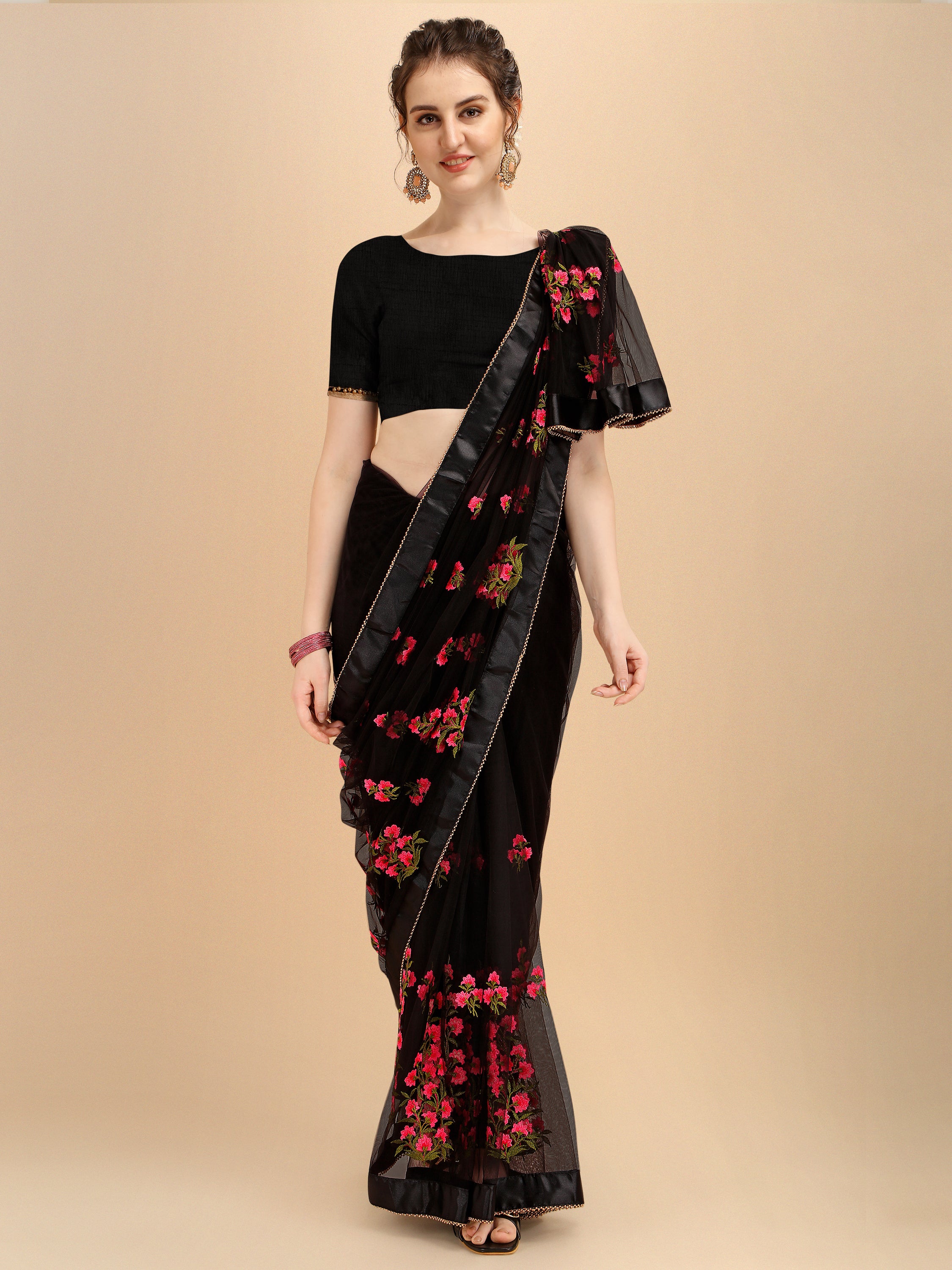 Black Net designer embroidery saree