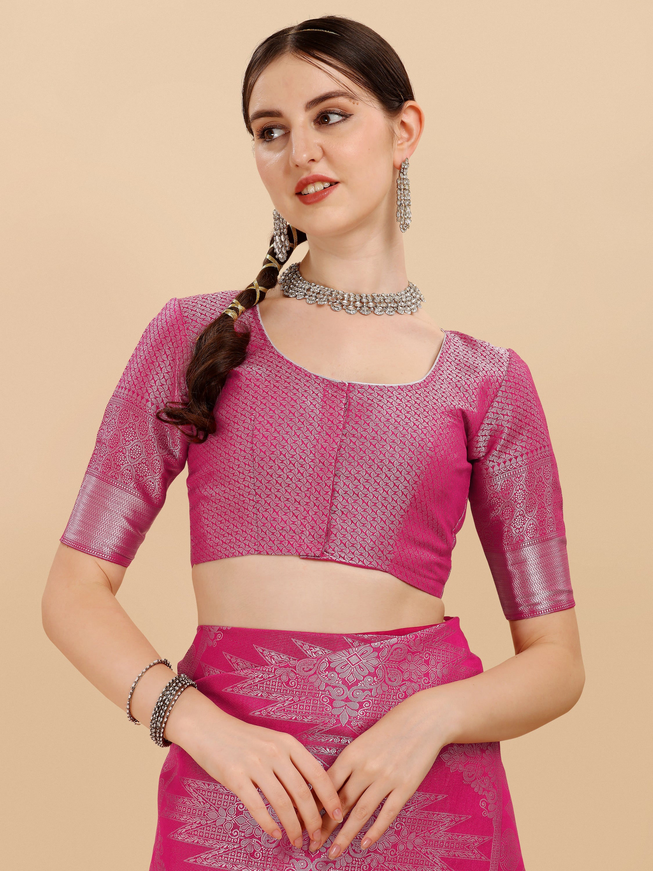 Rani Pink Geometric Banarasi Silk Saree With Weaving Work
