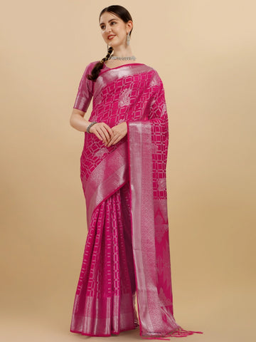 Rani Pink Geometric Banarasi Silk Saree With Weaving Work