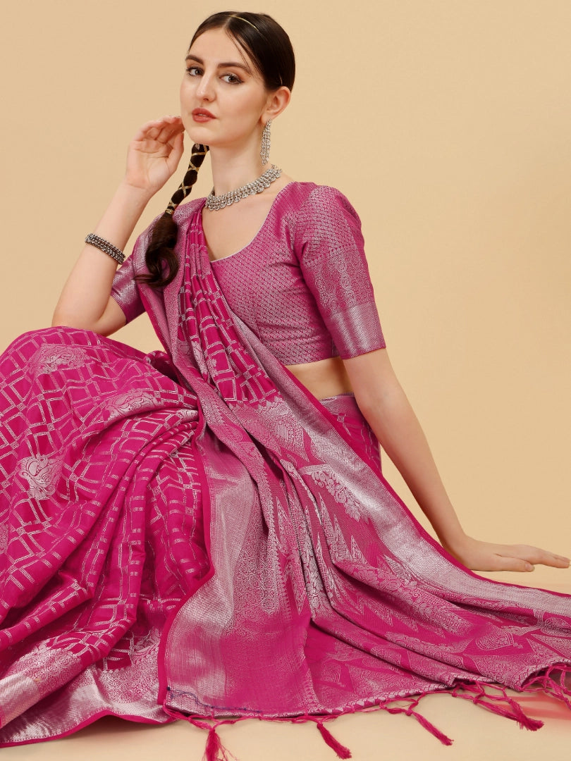 Rani Pink Geometric Banarasi Silk Saree With Weaving Work