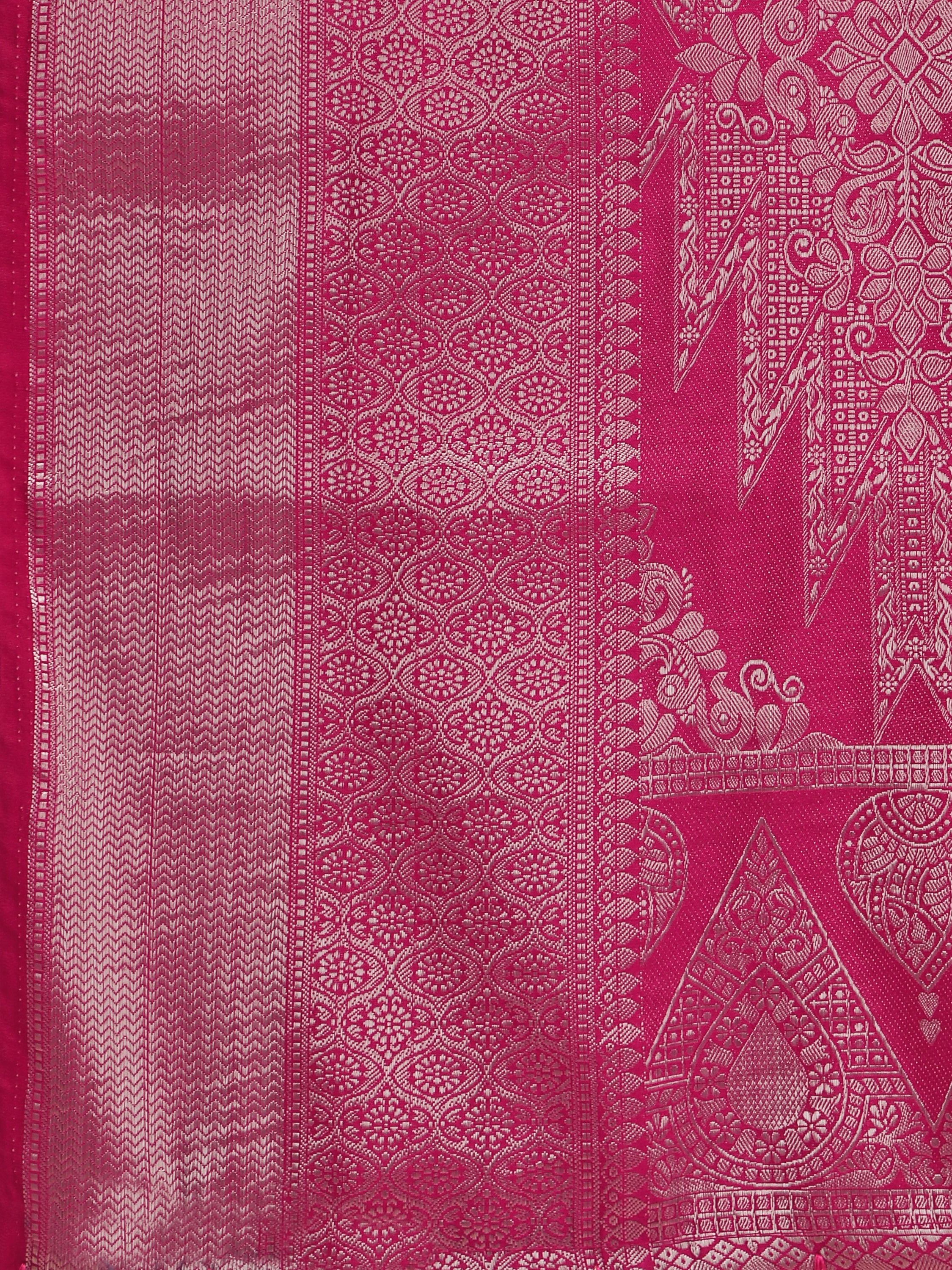 Rani Pink Geometric Banarasi Silk Saree With Weaving Work