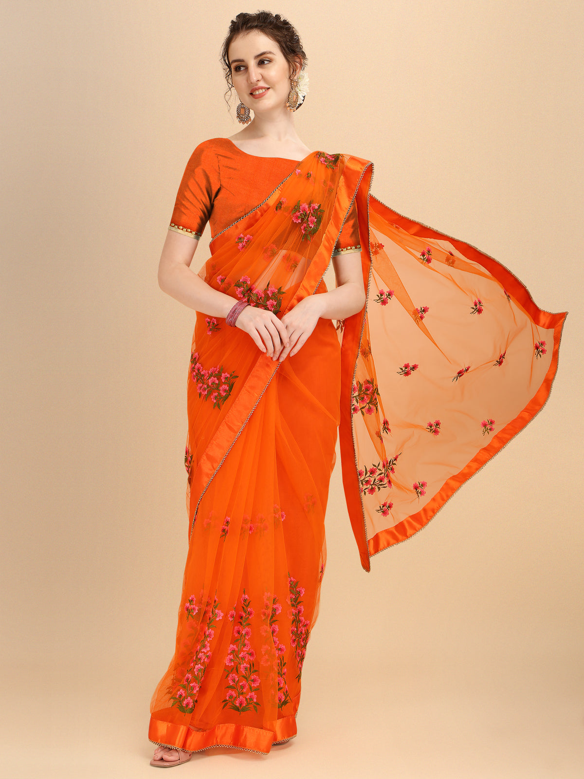 Orange Net designer embroidery saree