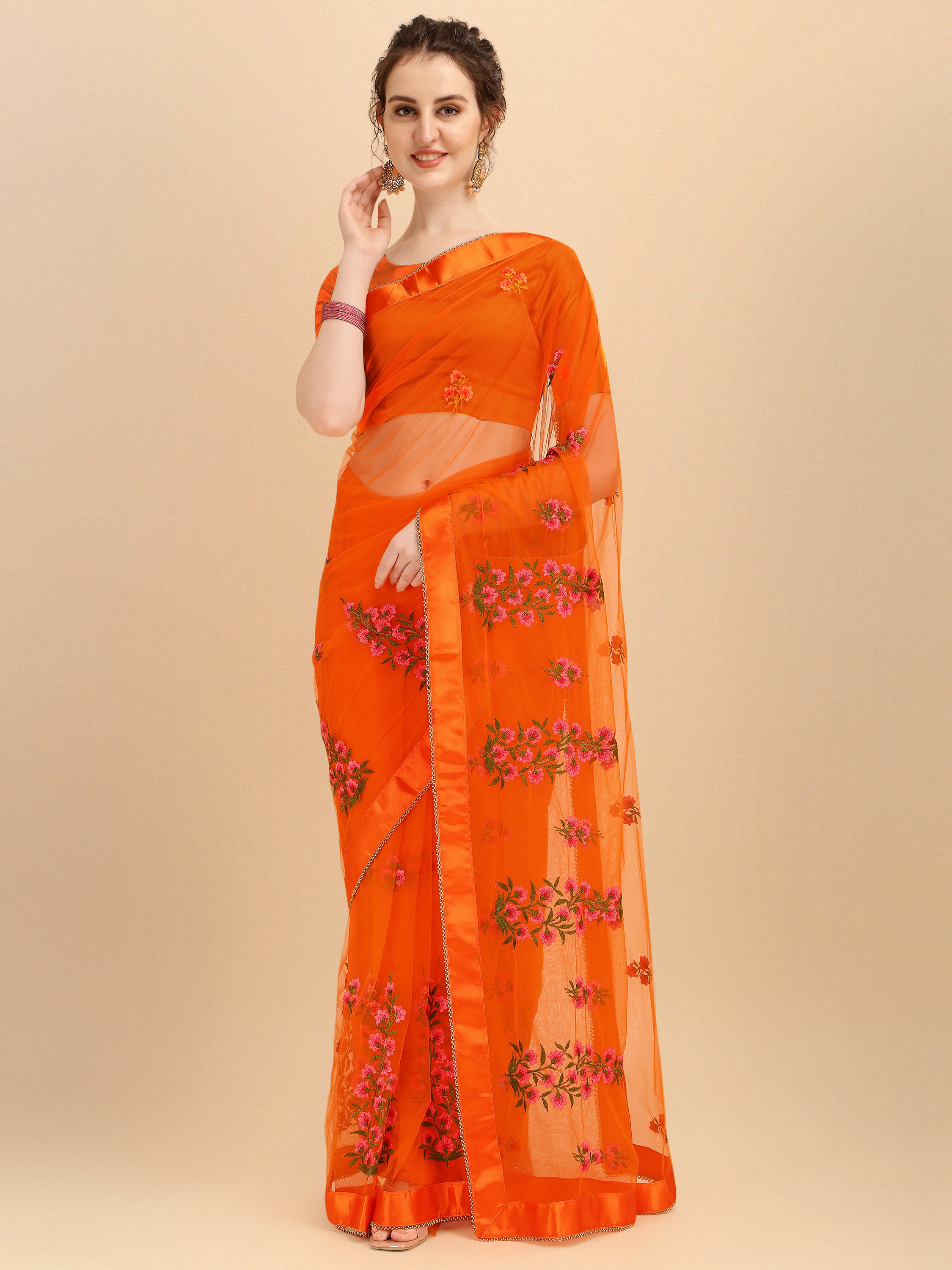 Orange Net designer embroidery saree