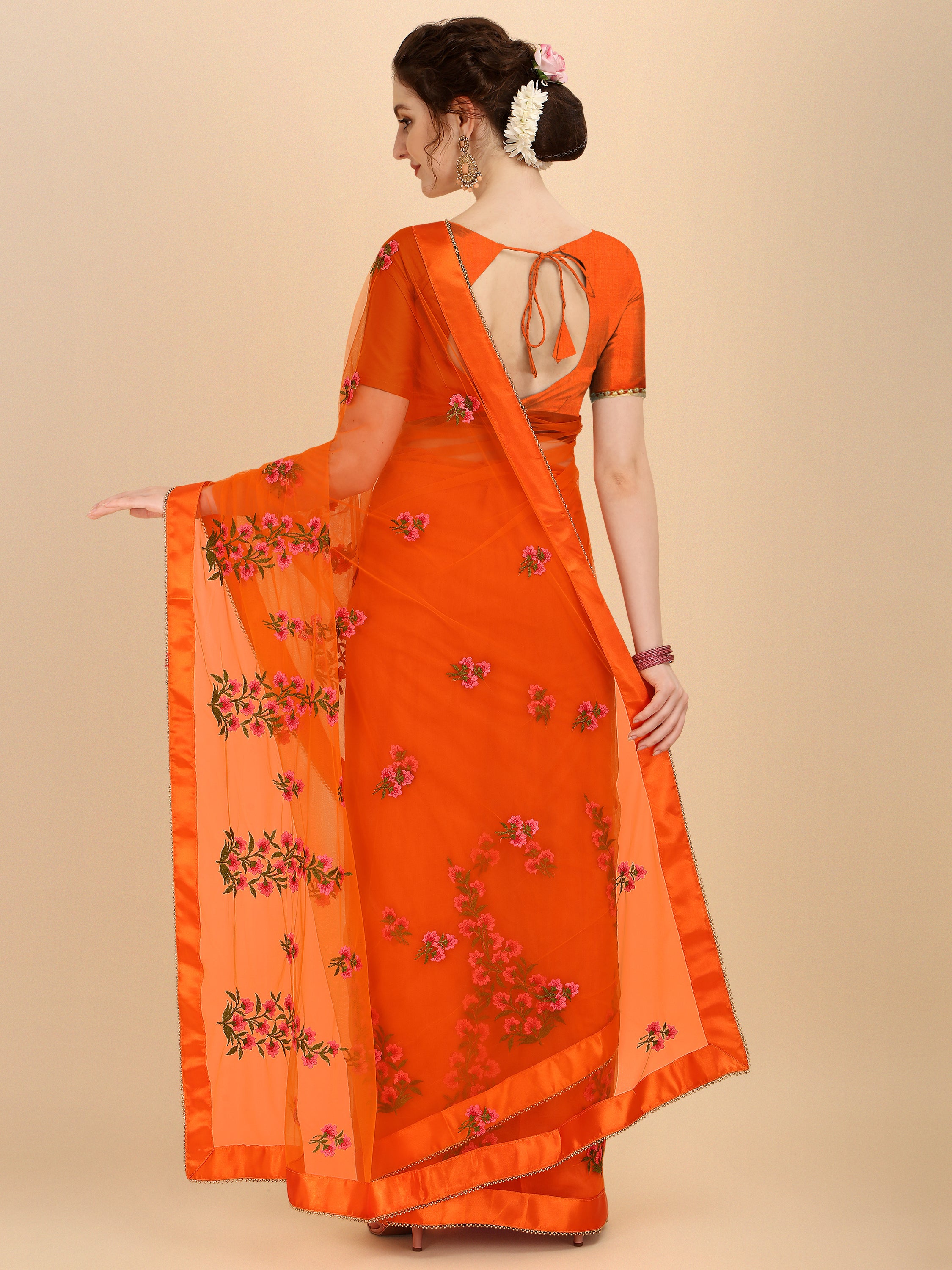 Orange Net designer embroidery saree