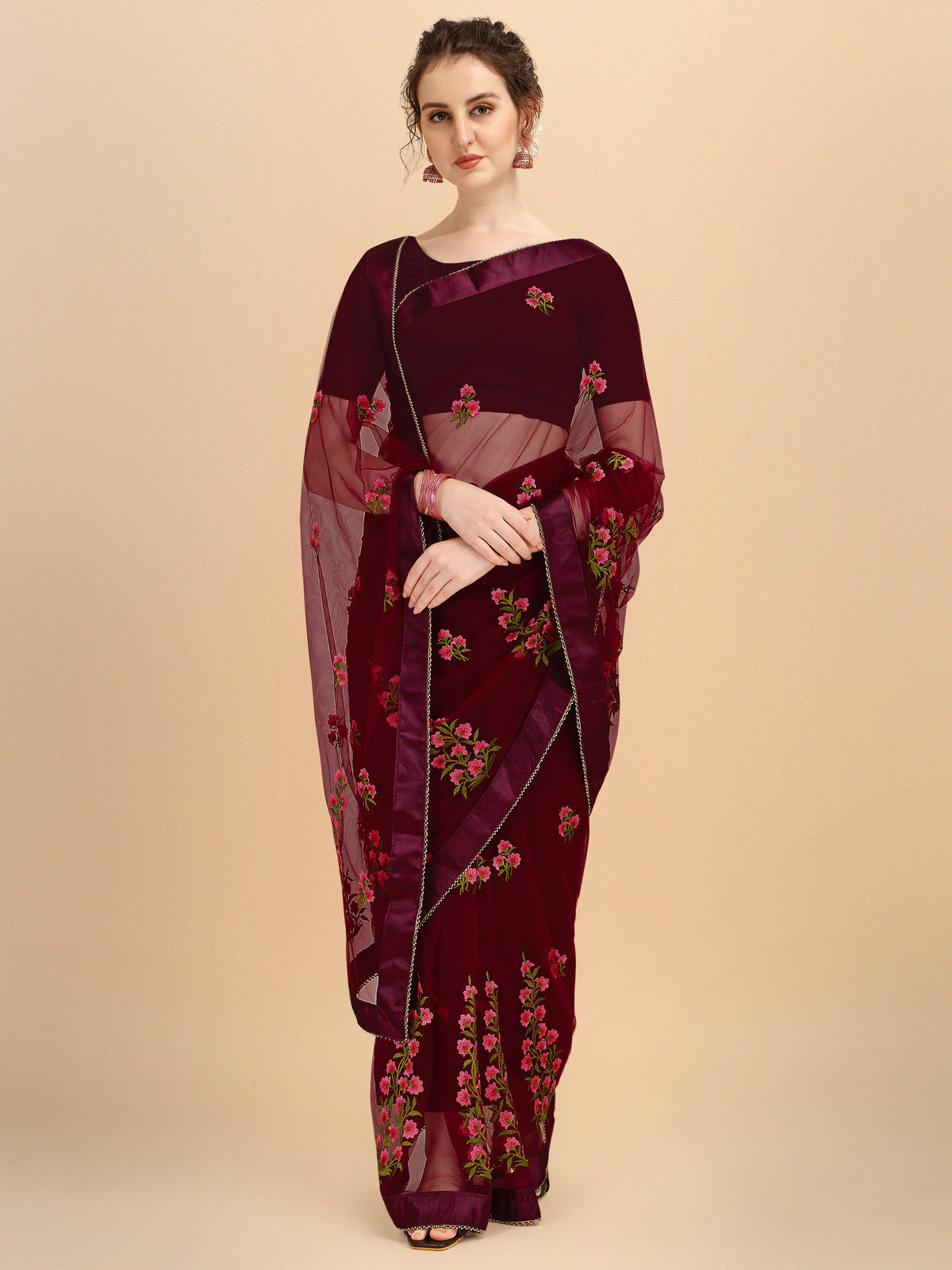 Maroon Net designer embroidery saree