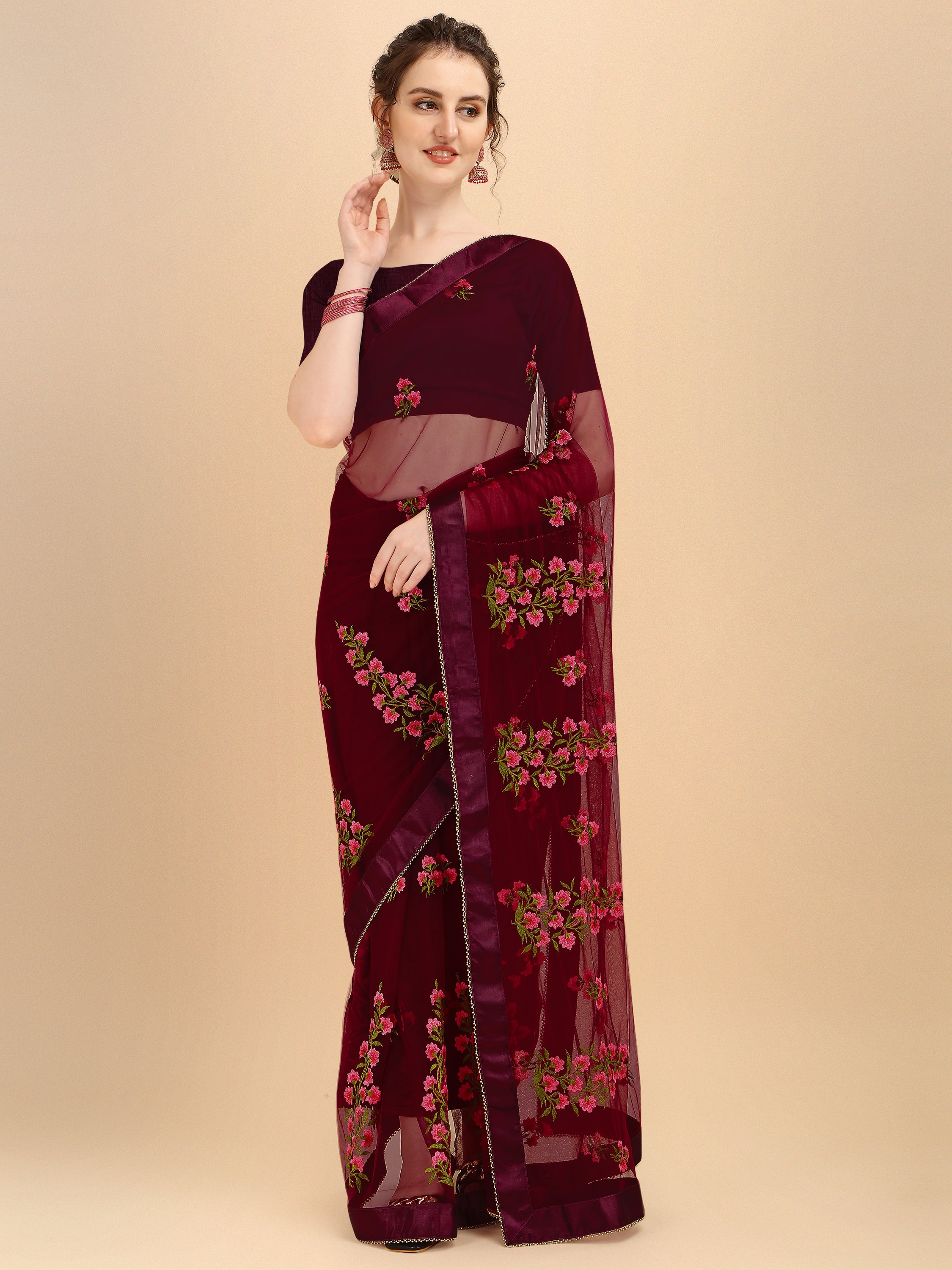 Maroon Net designer embroidery saree