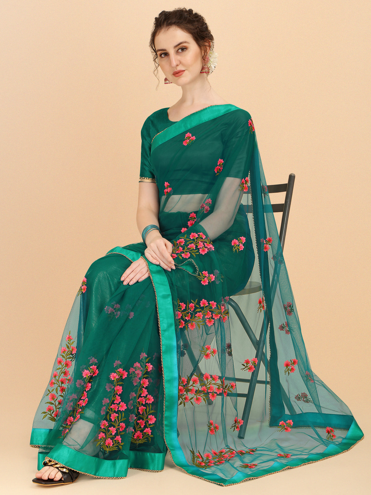 Green Net designer embroidery saree