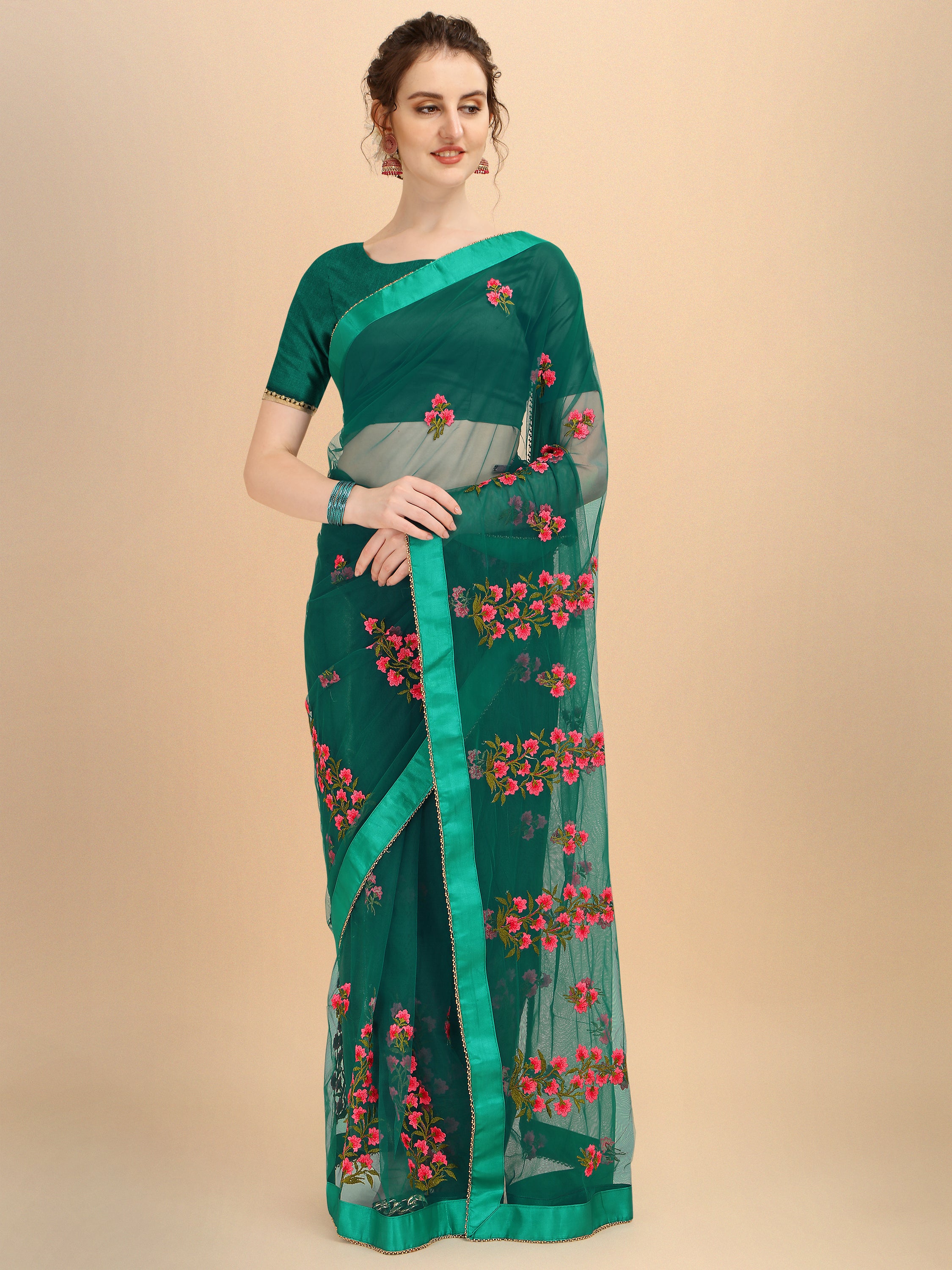 Green Net designer embroidery saree