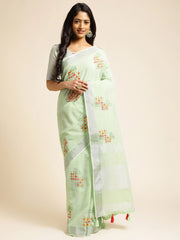 Pista Green Linen Cotton Embroidery Saree