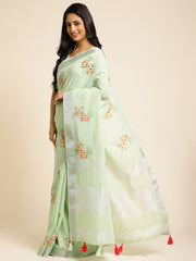 Pista Green Linen Cotton Embroidery Saree