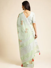 Pista Green Linen Cotton Embroidery Saree