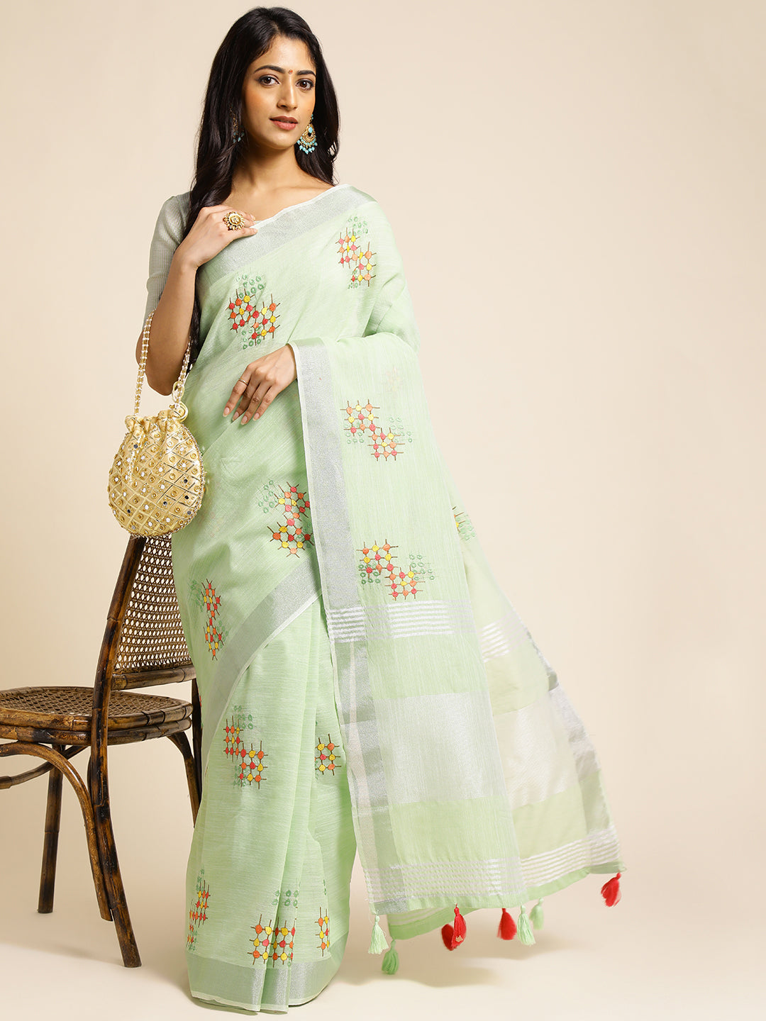 Pista Green Linen Cotton Embroidery Saree