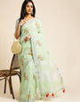 Pista Green Linen Cotton Embroidery Saree