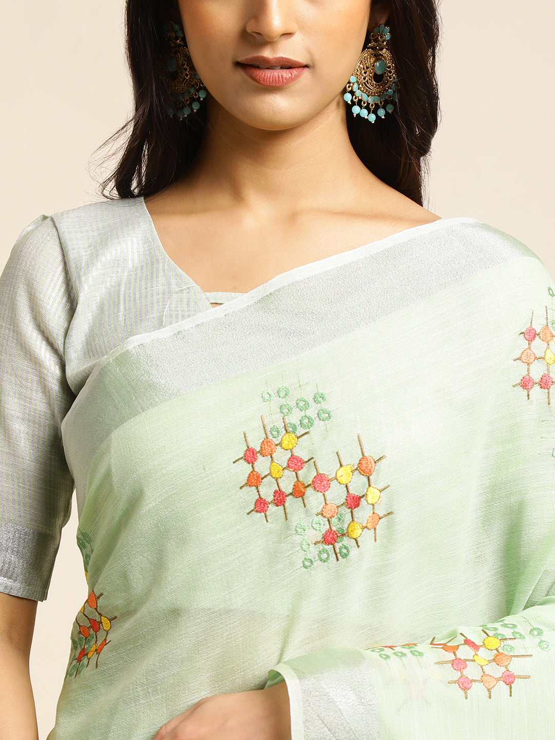 Pista Green Linen Cotton Embroidery Saree