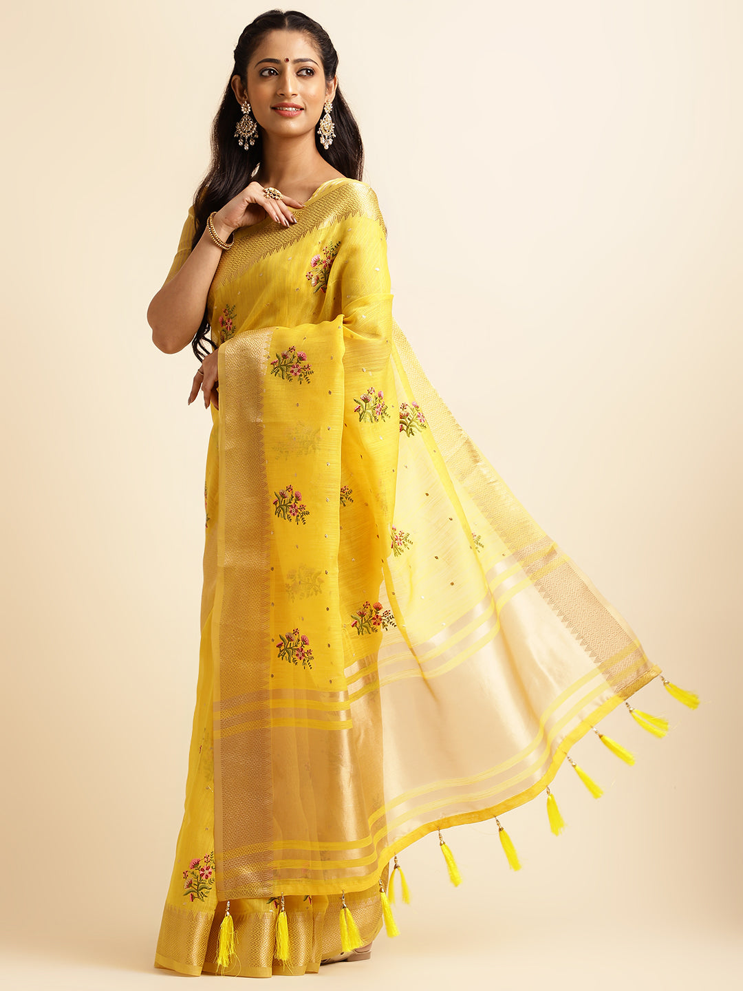 Yellow Cotton Silk Floral Embroidery Saree